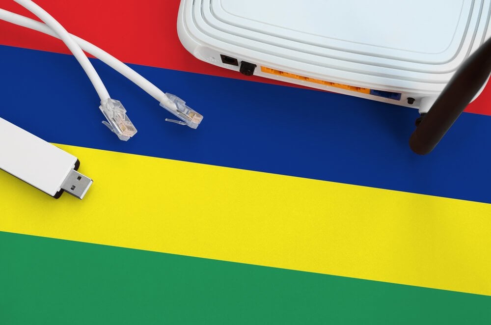 The Mauritius flag with an internet router