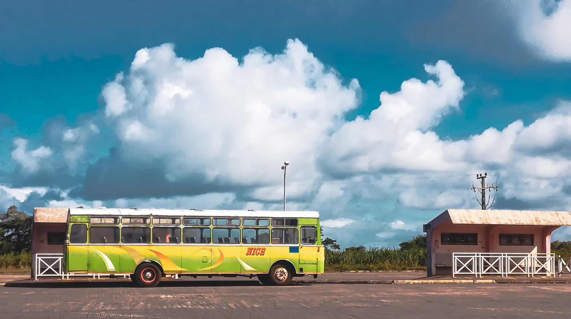 A bus is parked in French Polynesia
