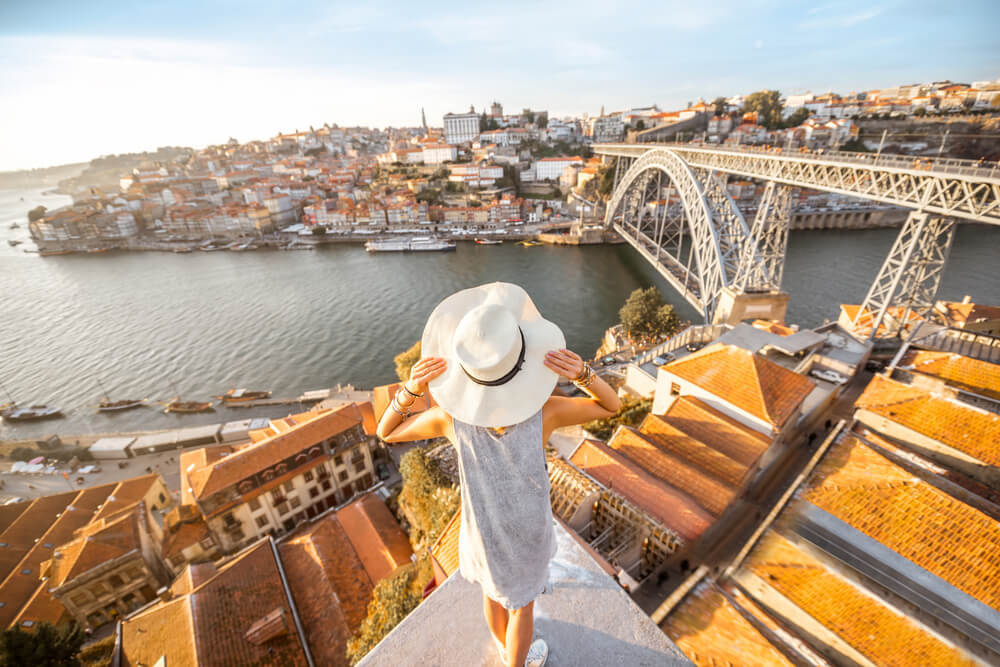 young girl backpacking in porto