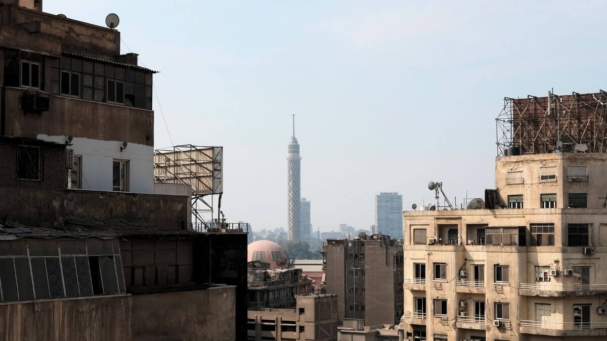 the cairo tower as seen from the rooftop of dahab hostel