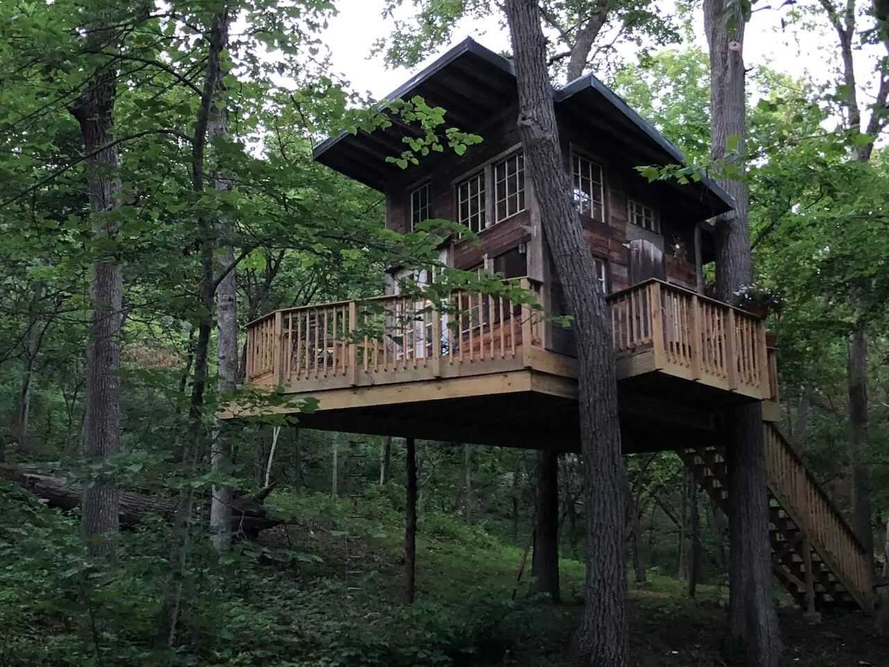 Sundance Ranch Treehouse dark wood in a green forest in missouri