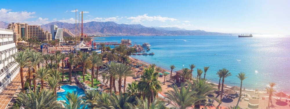 Eilat city centre with resorts and the Red Sea