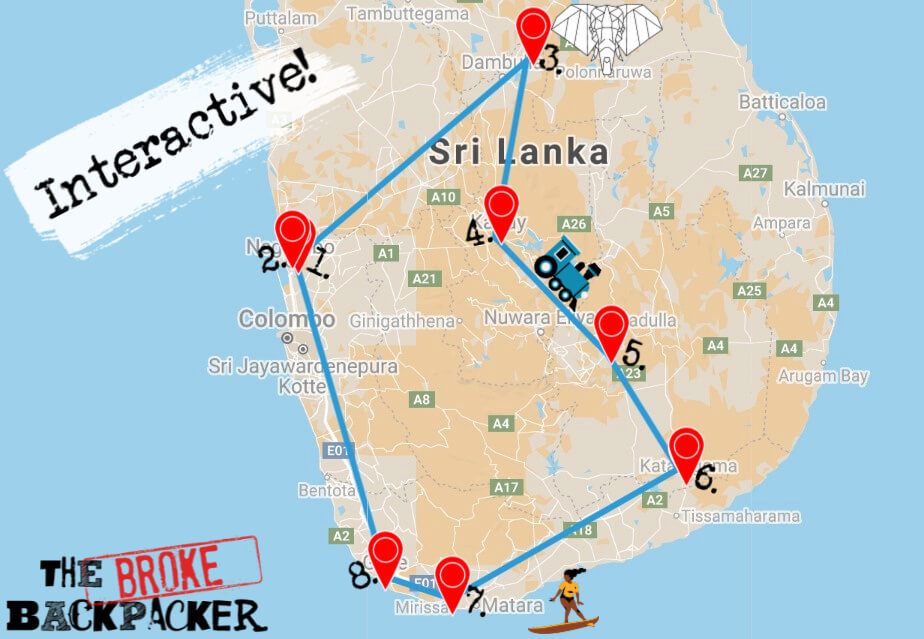 Map of Sri Lanka 2-Week Itinerary