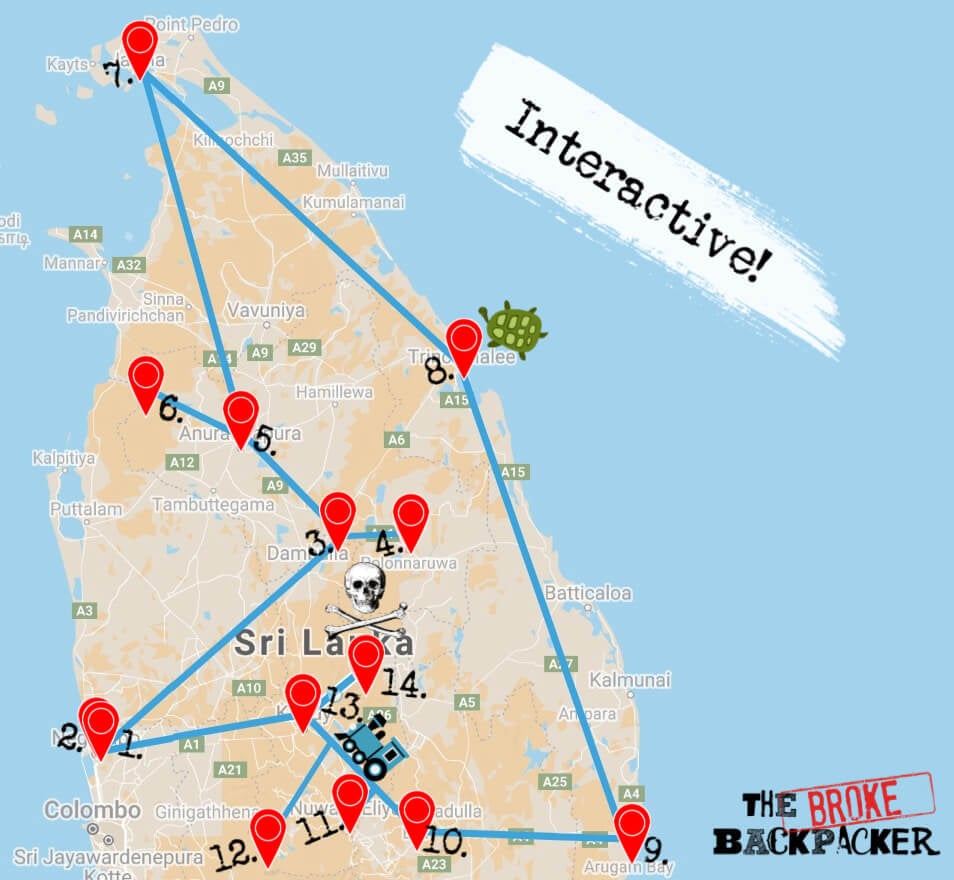 Map of Sri Lanka 2-Week Itinerary