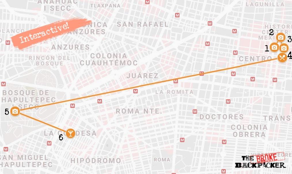 Mexico City Day 1 Itinerary Map