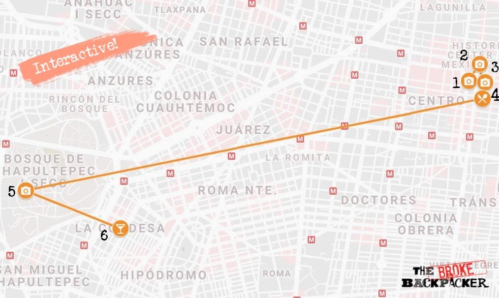 Mexico City Day 1 Itinerary Map