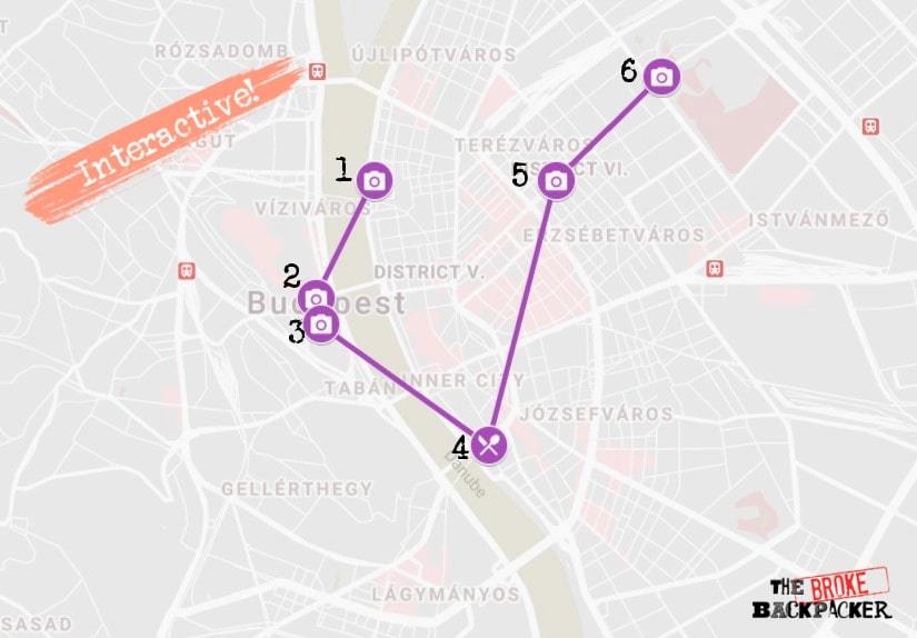  Carte de l'itinéraire du jour 1 de Budapest 