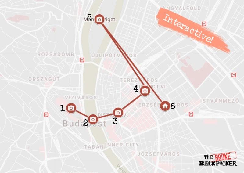  Carte de l'itinéraire du jour 2 de Budapest 