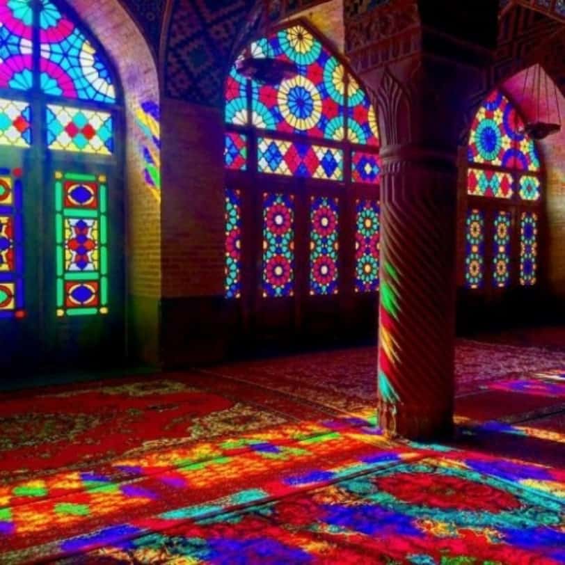 Stained glass windows in a beautiful mosque in Iran.