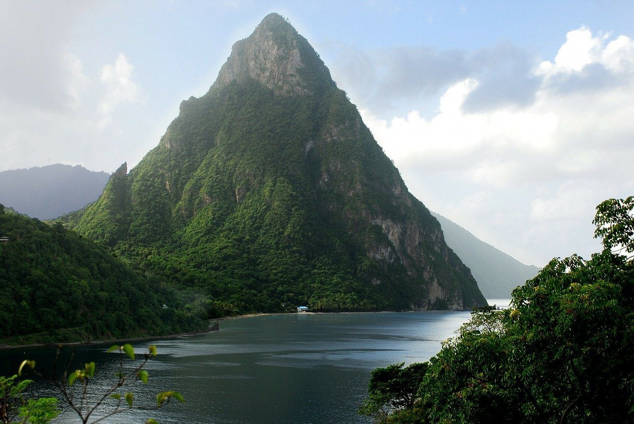 View looking over the water to a mountain in Soufriere