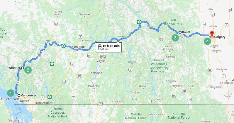 Vancouver to Calgary Route 1 Map