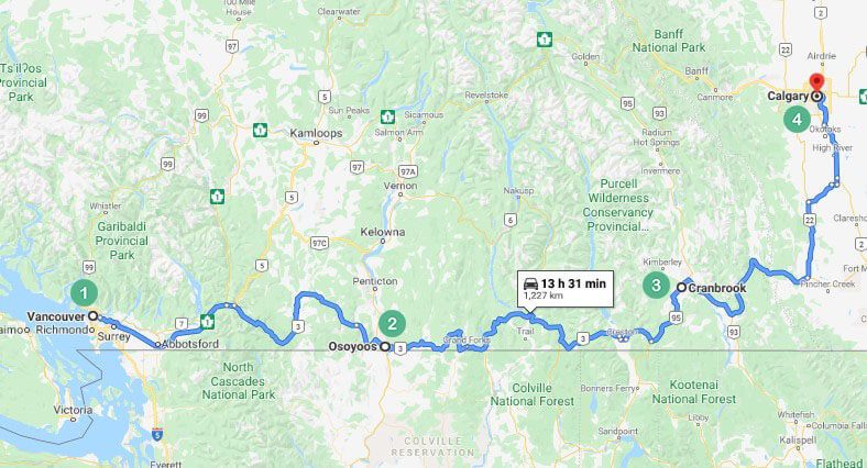 Vancouver to Calgary Route 2 Map