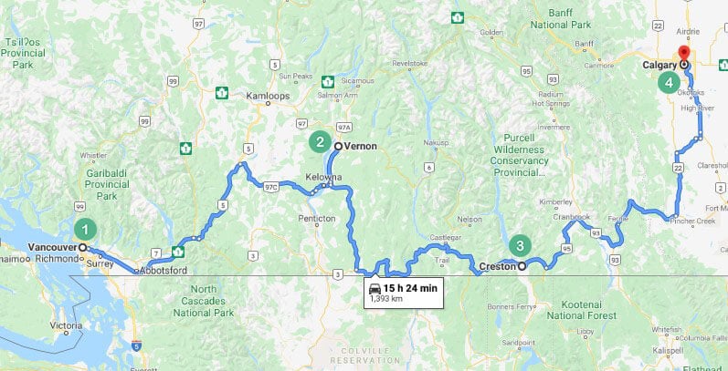 Vancouver to Calgary Route 3 Map