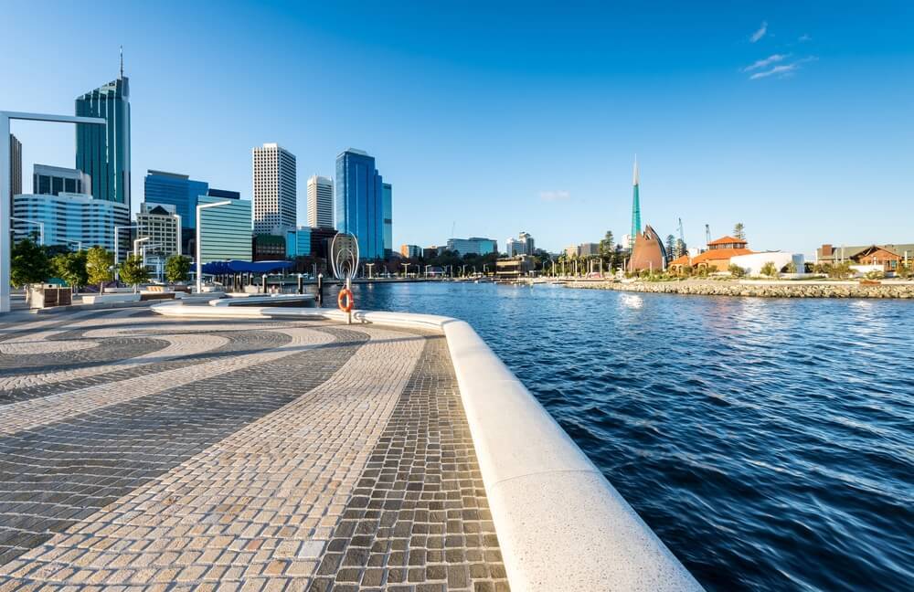 View of the city looking over Swam River on a beautiful blue sky day