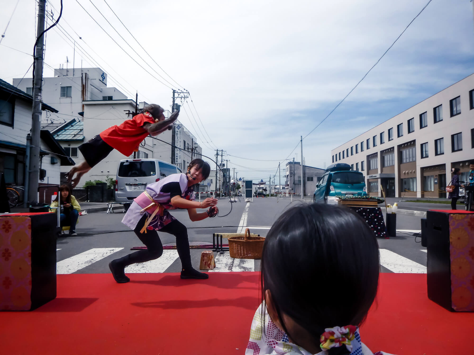 A performing monkey busking in Japan - example of animal cruelty in entertainment