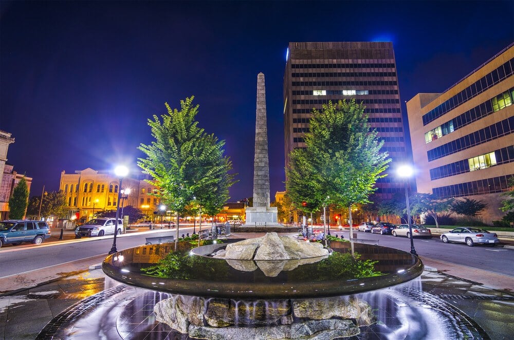 Downtown Asheville lit up at night