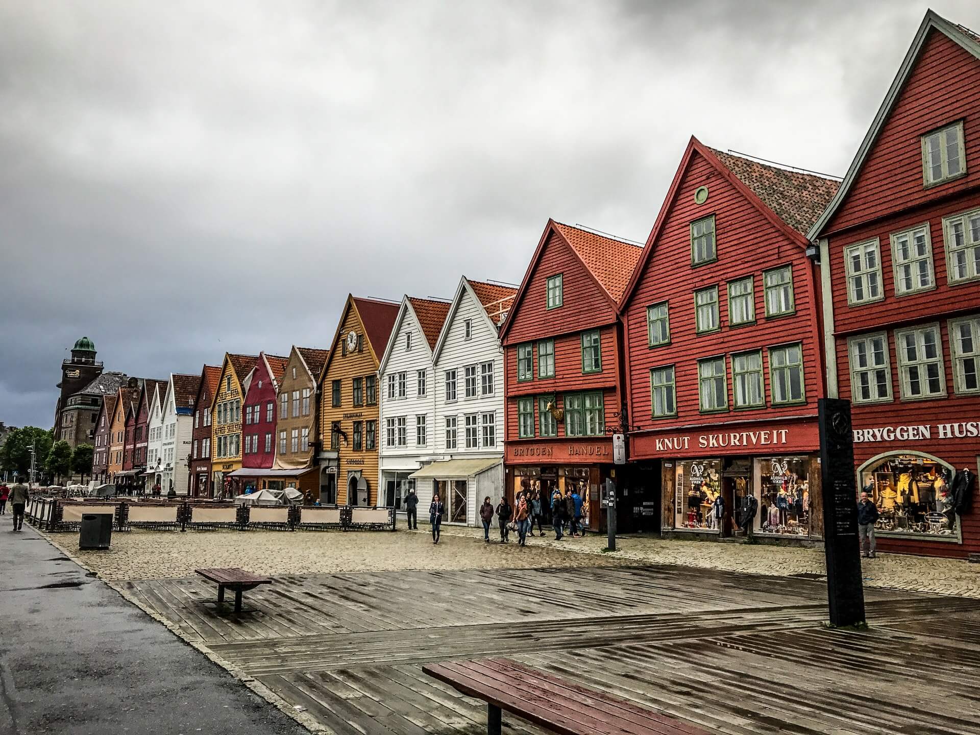 Colorful wooden buildings stacked up next to each other in Bergen, Norway 