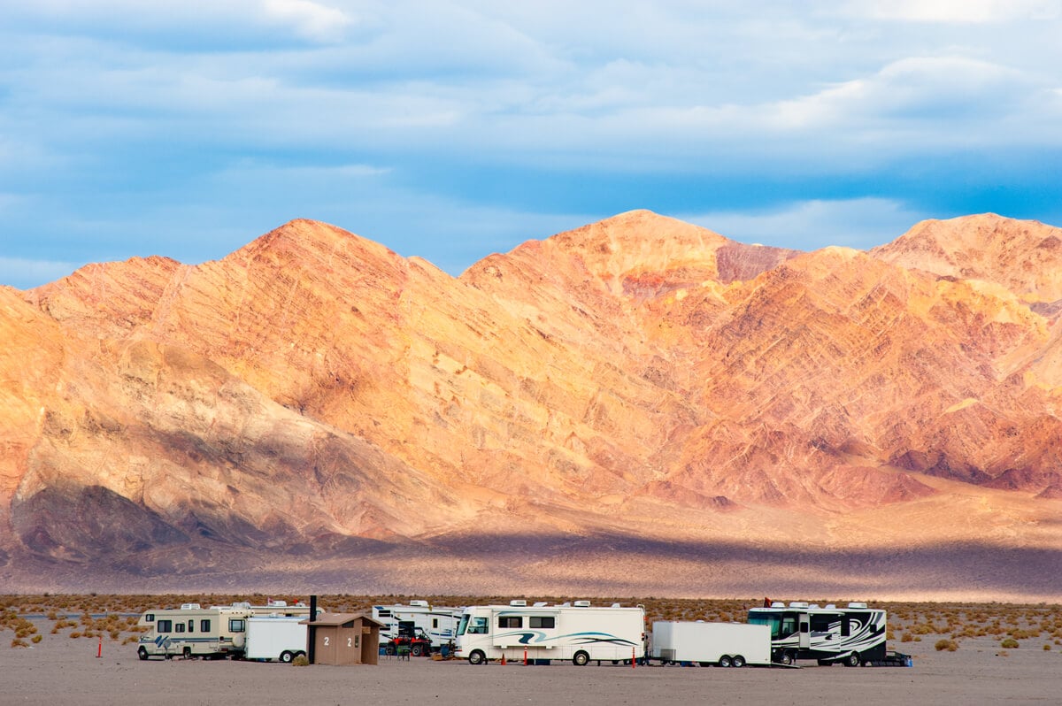 Group of motorhomes in a free camping RV park in the Las Vegas area