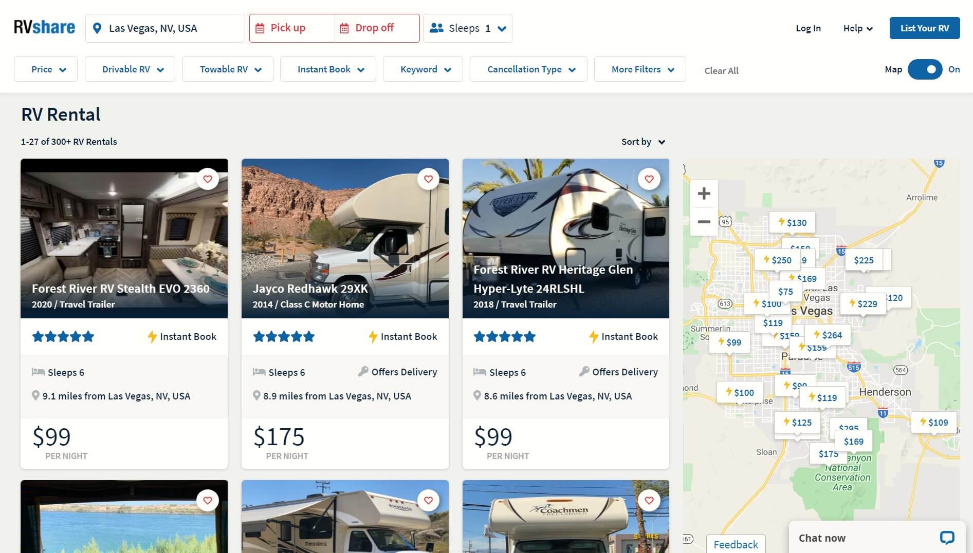 Search page of RVShare showing rental RVs in Las Vegas