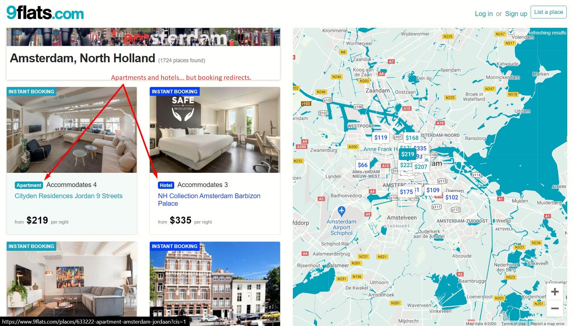 9Flats search page featuring accommodation similar to Airbnb from Booking.com 