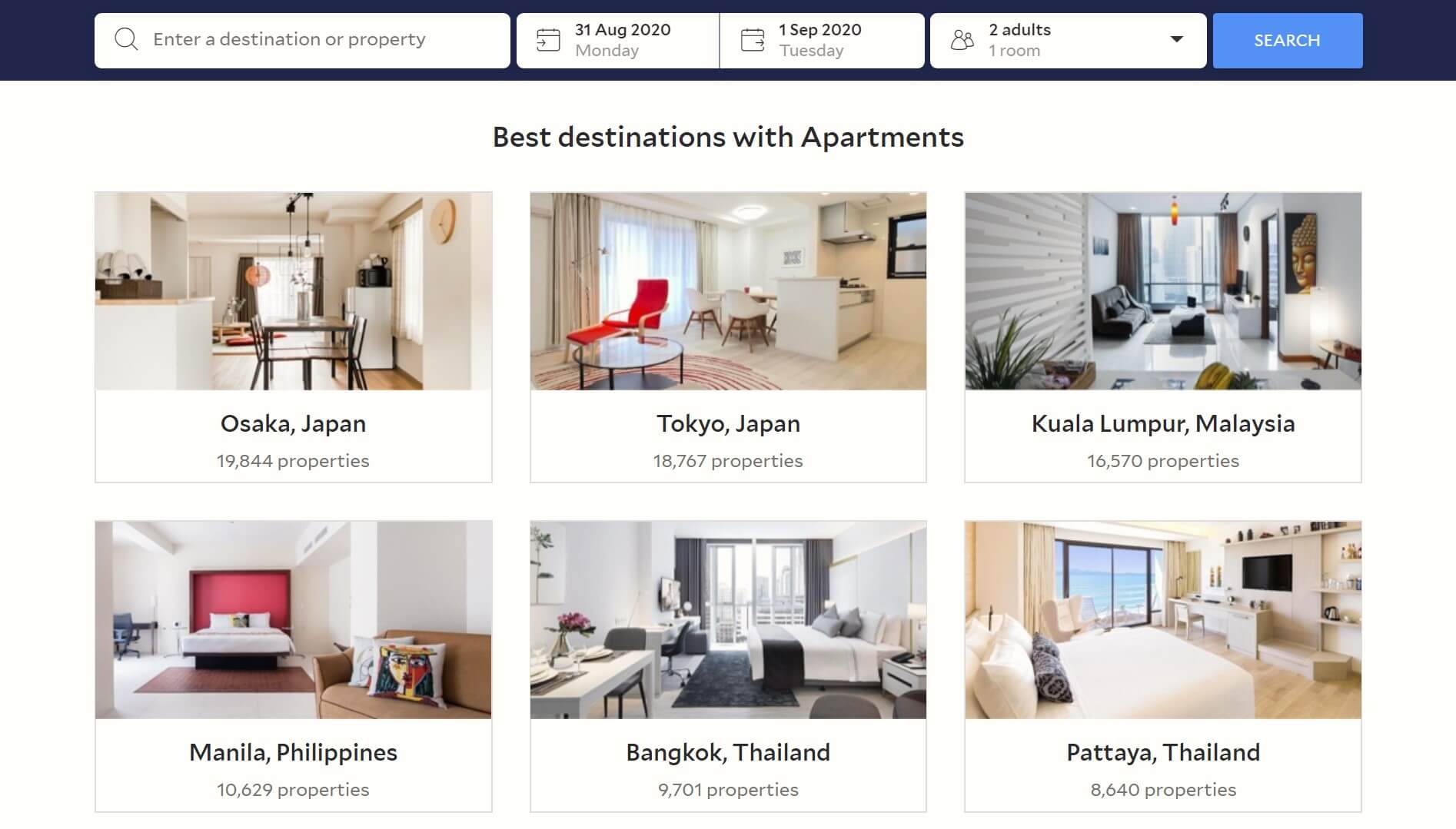 Agoda homepage showing Airbnb-type accommodation for destinations in Asia