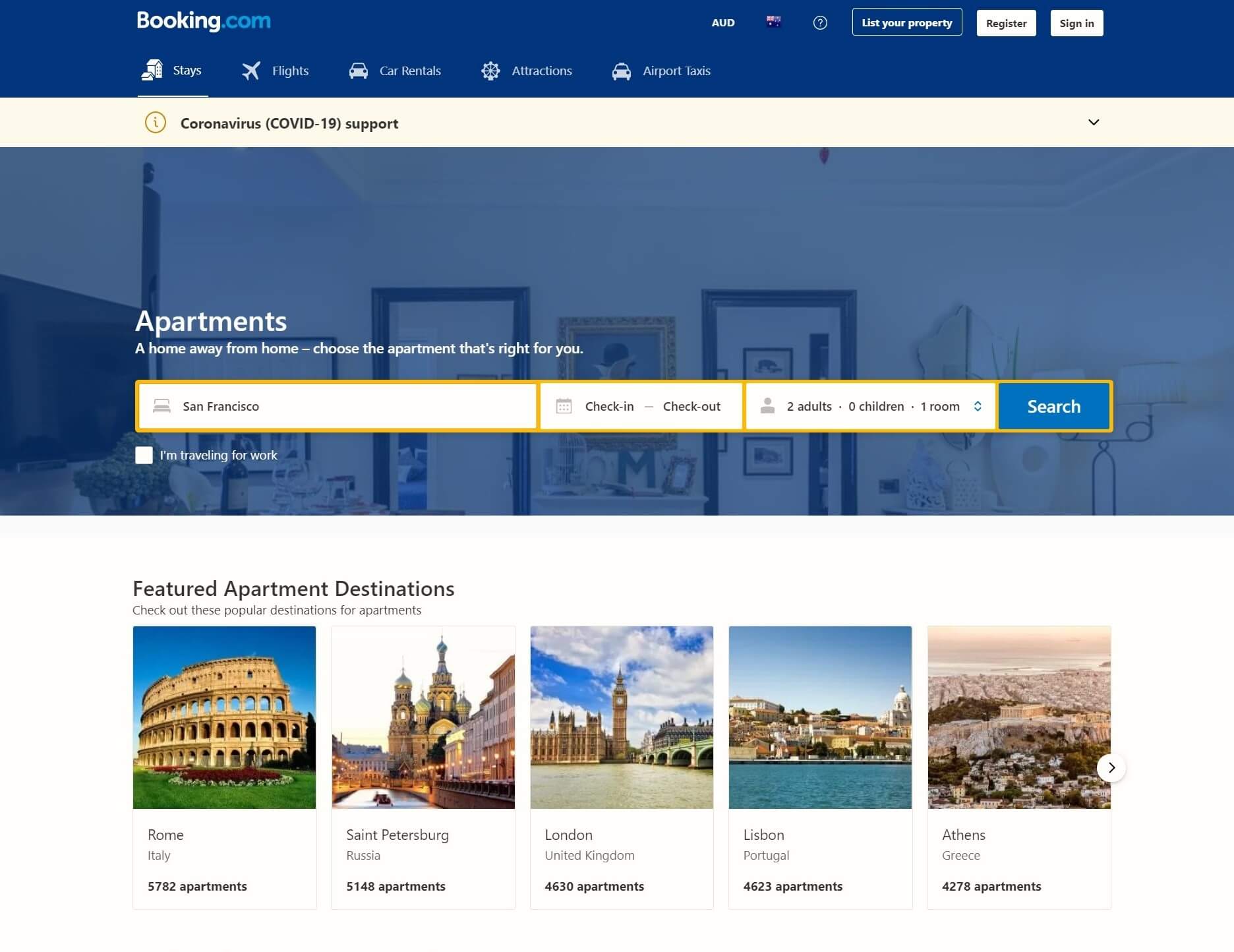 Booking.com's apartment homepage doing things like Airbnb