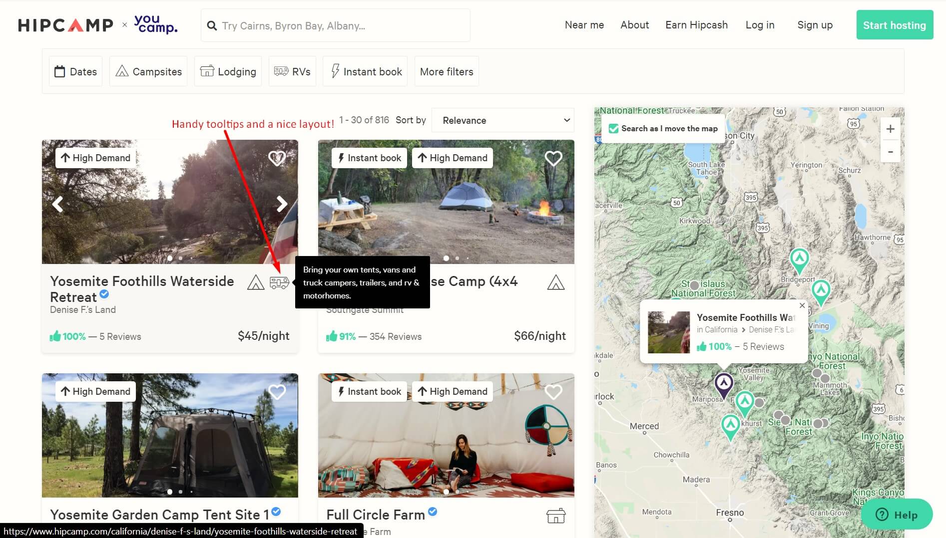 Search page for Hipcamp - an Airbnb alternative site for the Great Outdoors
