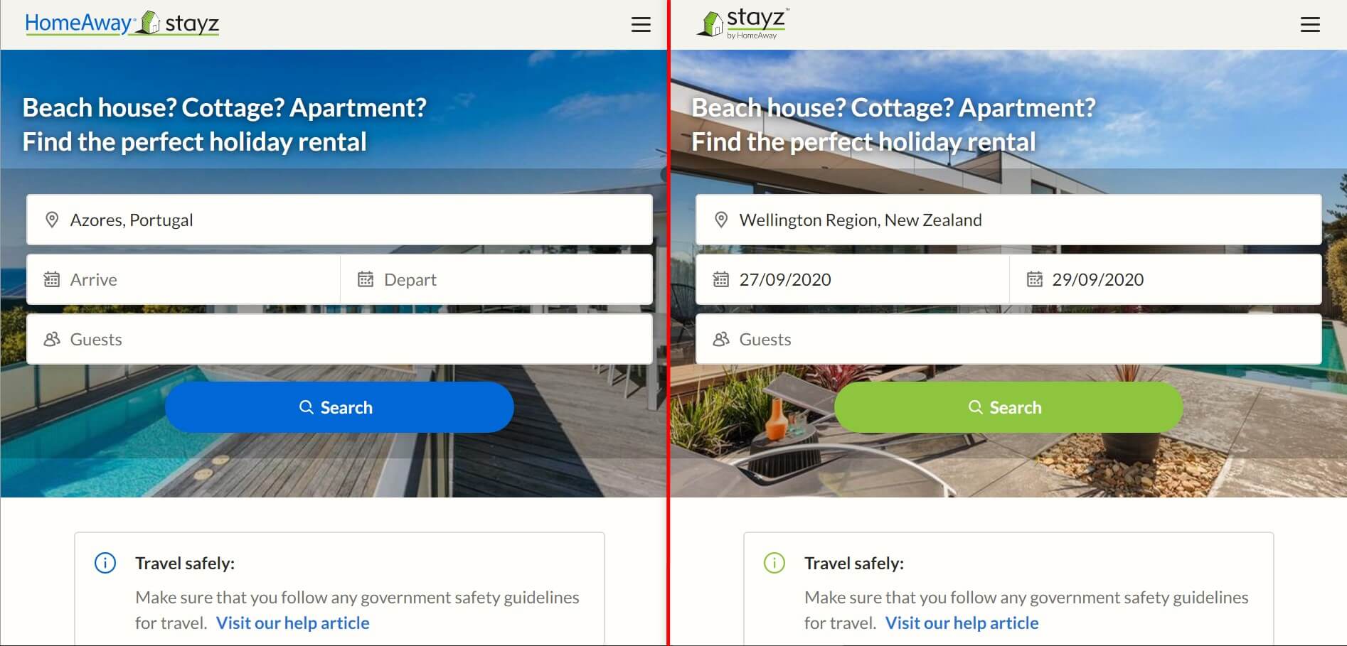 HomeAway and Stayz homepages - two sites like Airbnb and Vrbo