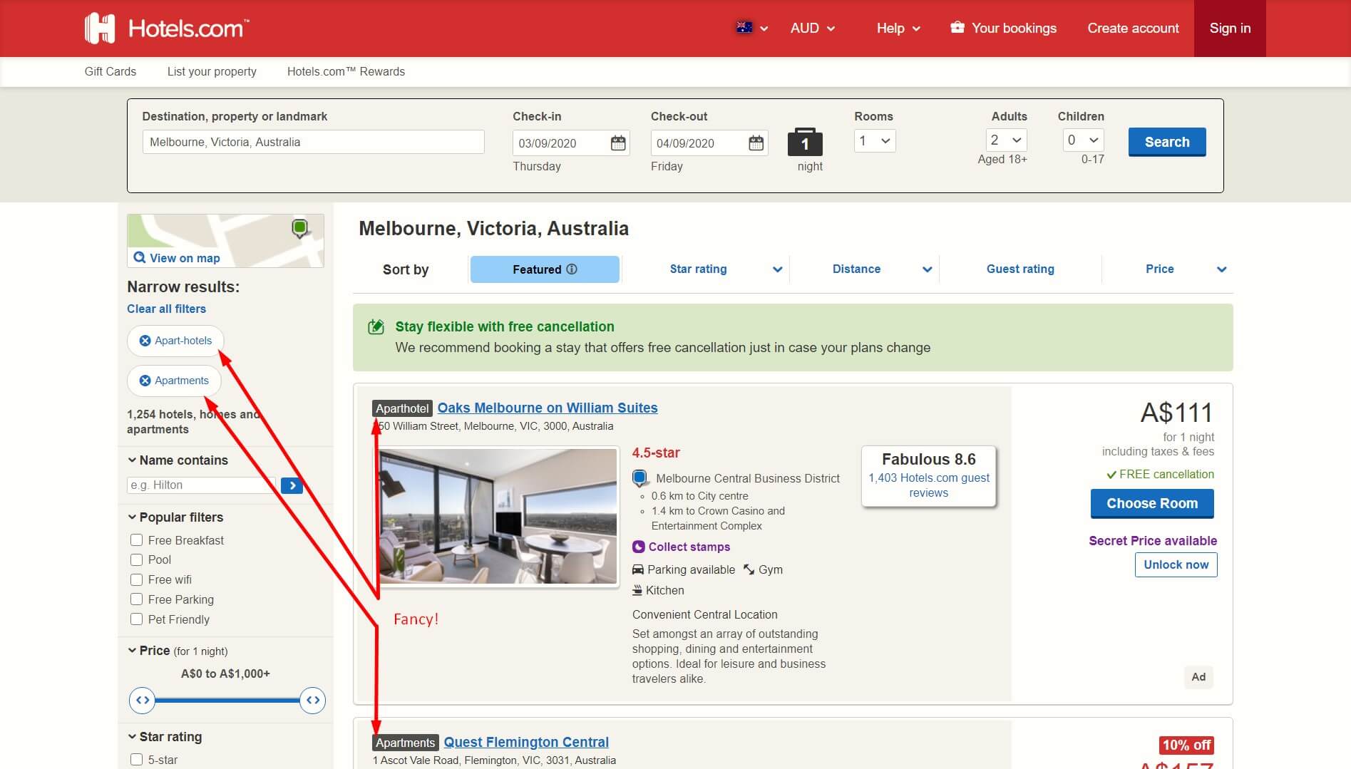 Hotels.com search page - another major accommodation site doing things like Airbnb