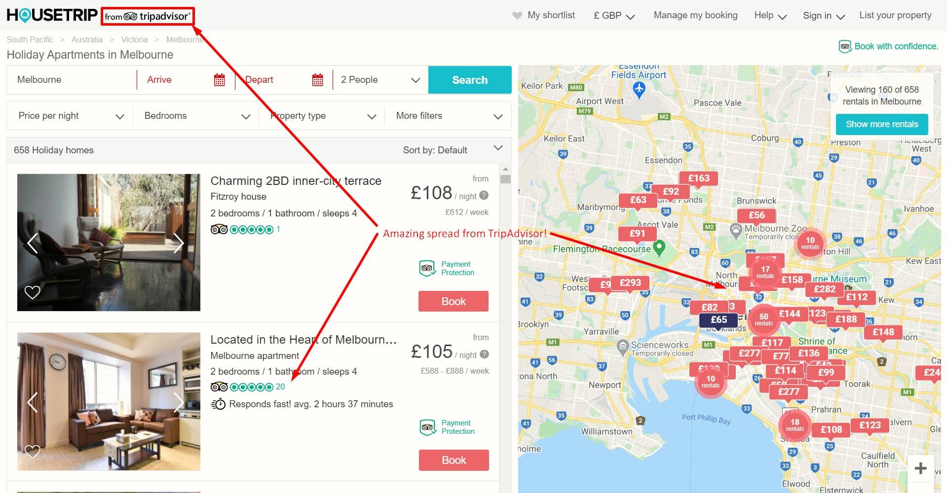 Search page of HouseTrip - an Airbnb alternative from TripAdvisor