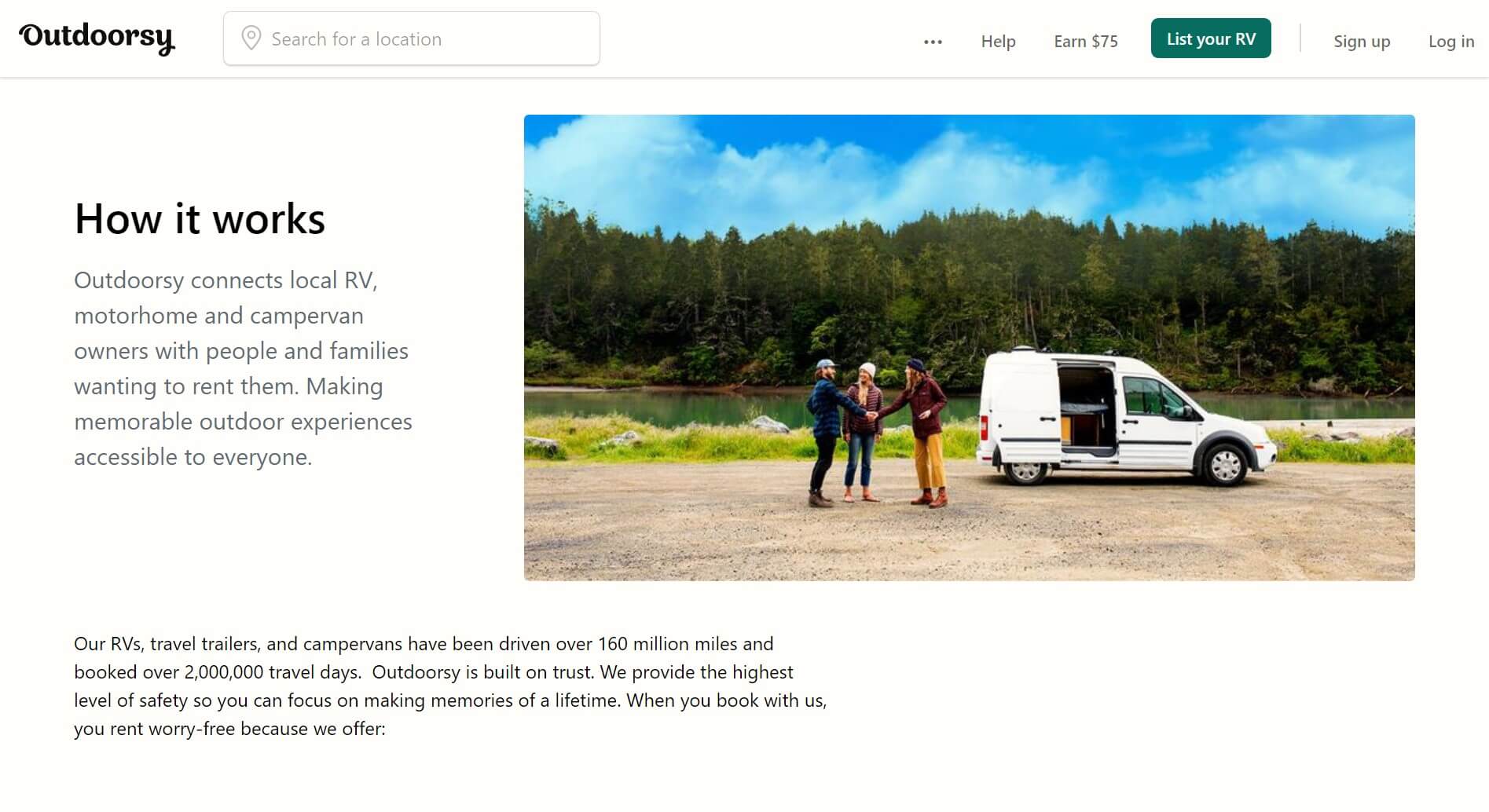 About page of Outdoorsy - where to rent an RV on a first time