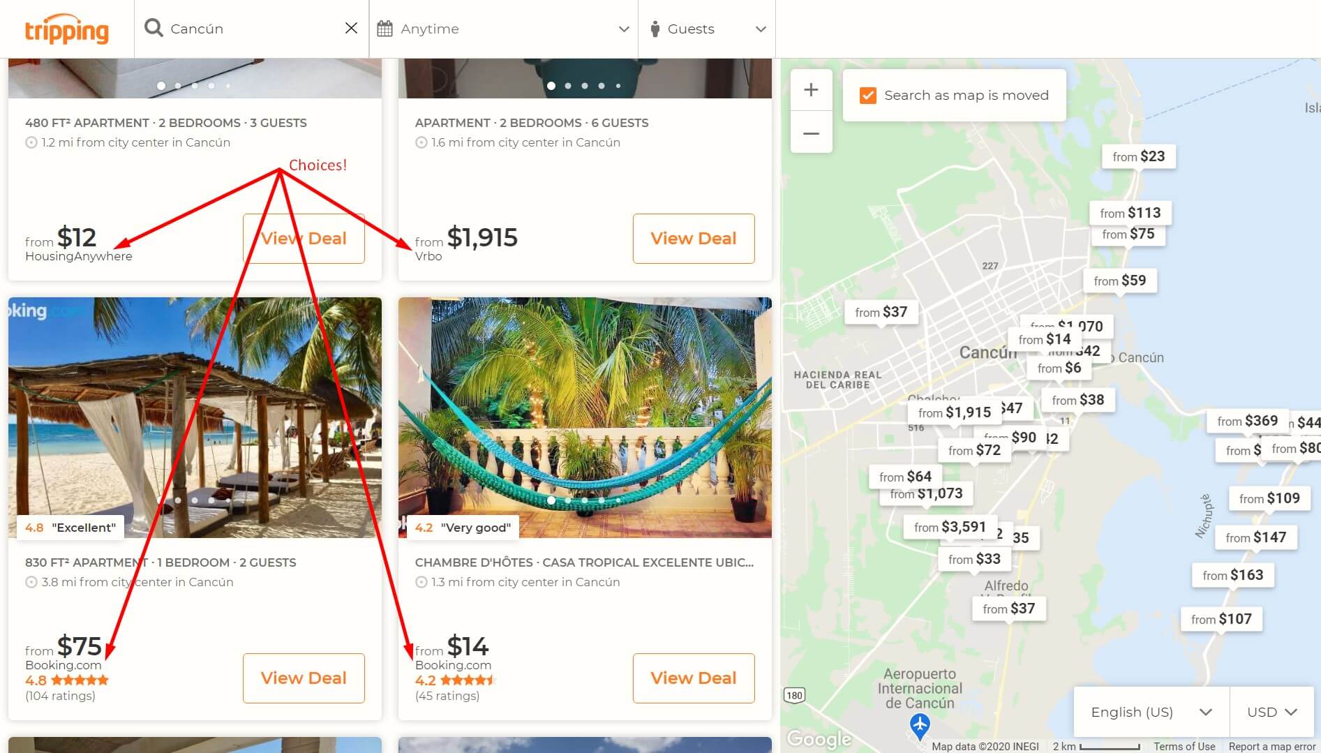 Tripping.com's search page - search engine for comapring Airbnb alternatives