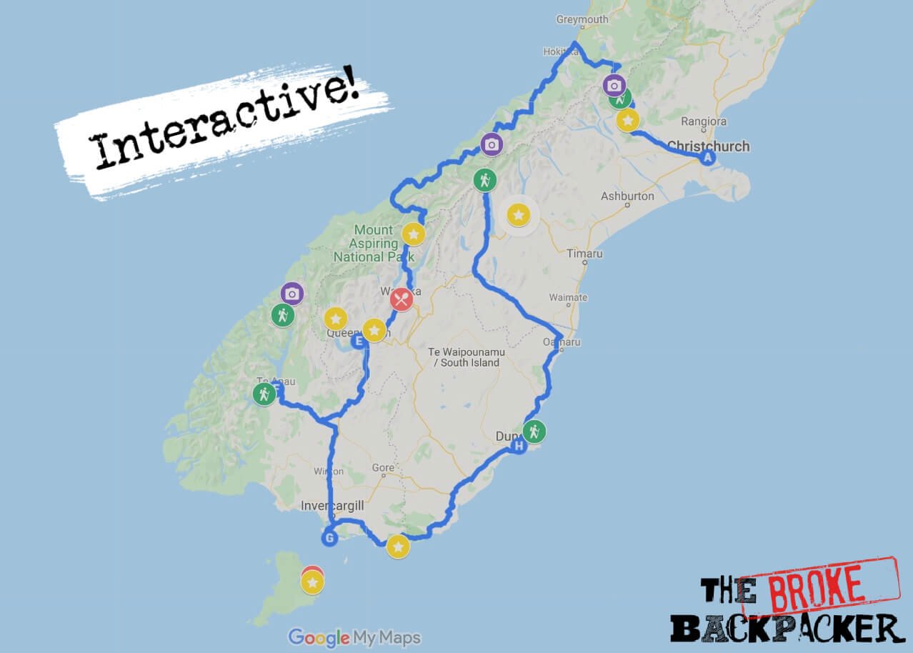 Map of the New Zealand South Island road trip route #2