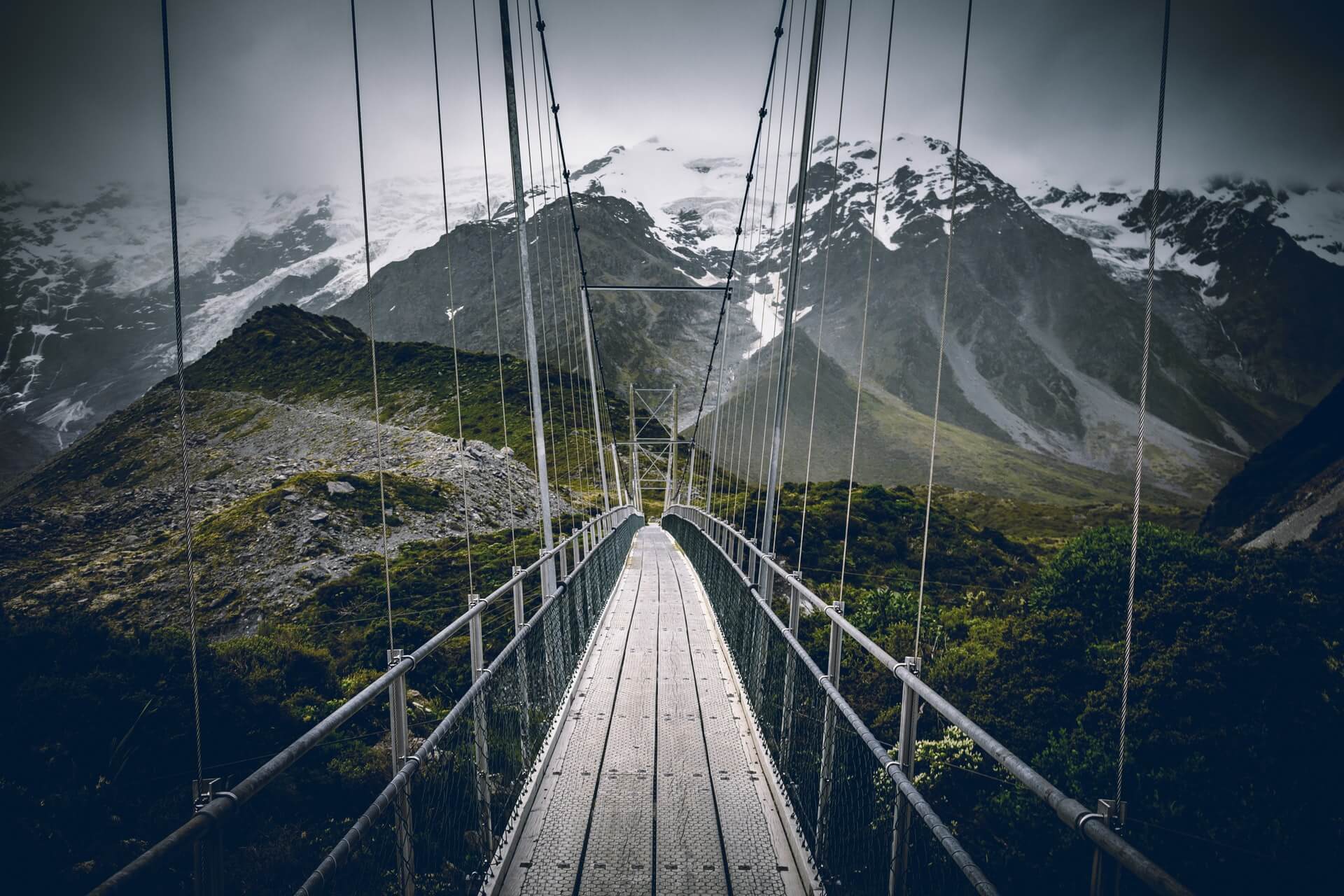 A swing bridge on the Hooker Valley Track - hiking in Aoraki Mount Cook National Park