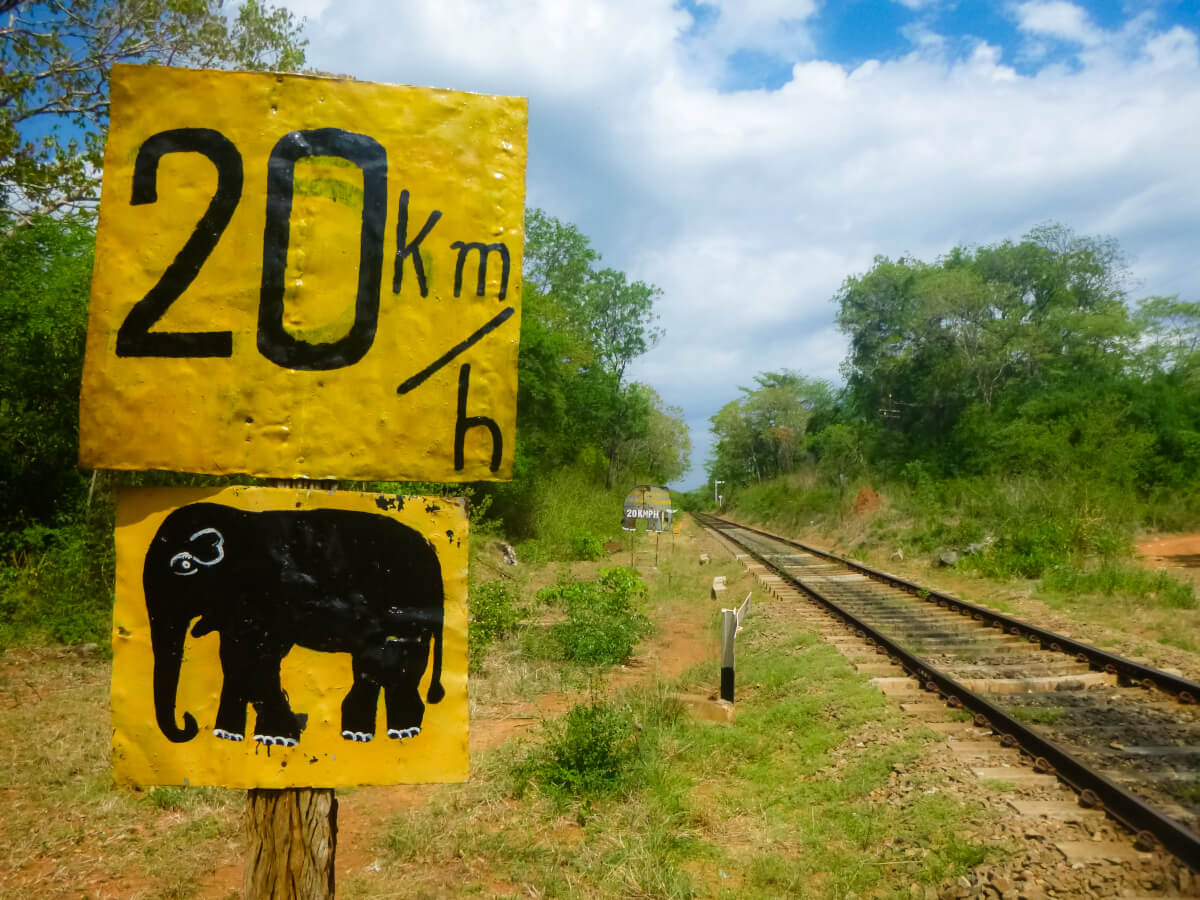 Train tracks and sign in central Sri Lanka warning of potential elephant encounters