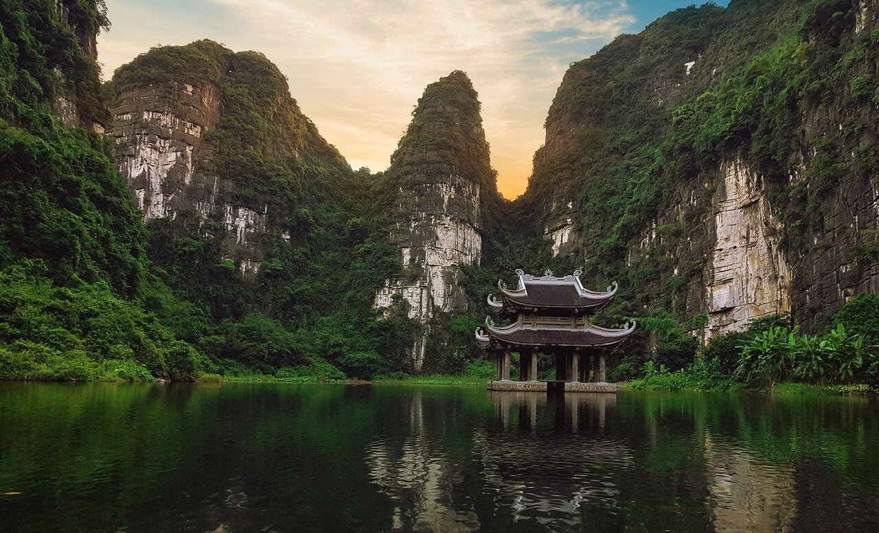 A famous temple in front of mountains in Vietnam