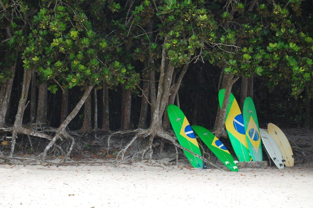 Brazillian flag surfboards on a beach in tropical Ihla Grande