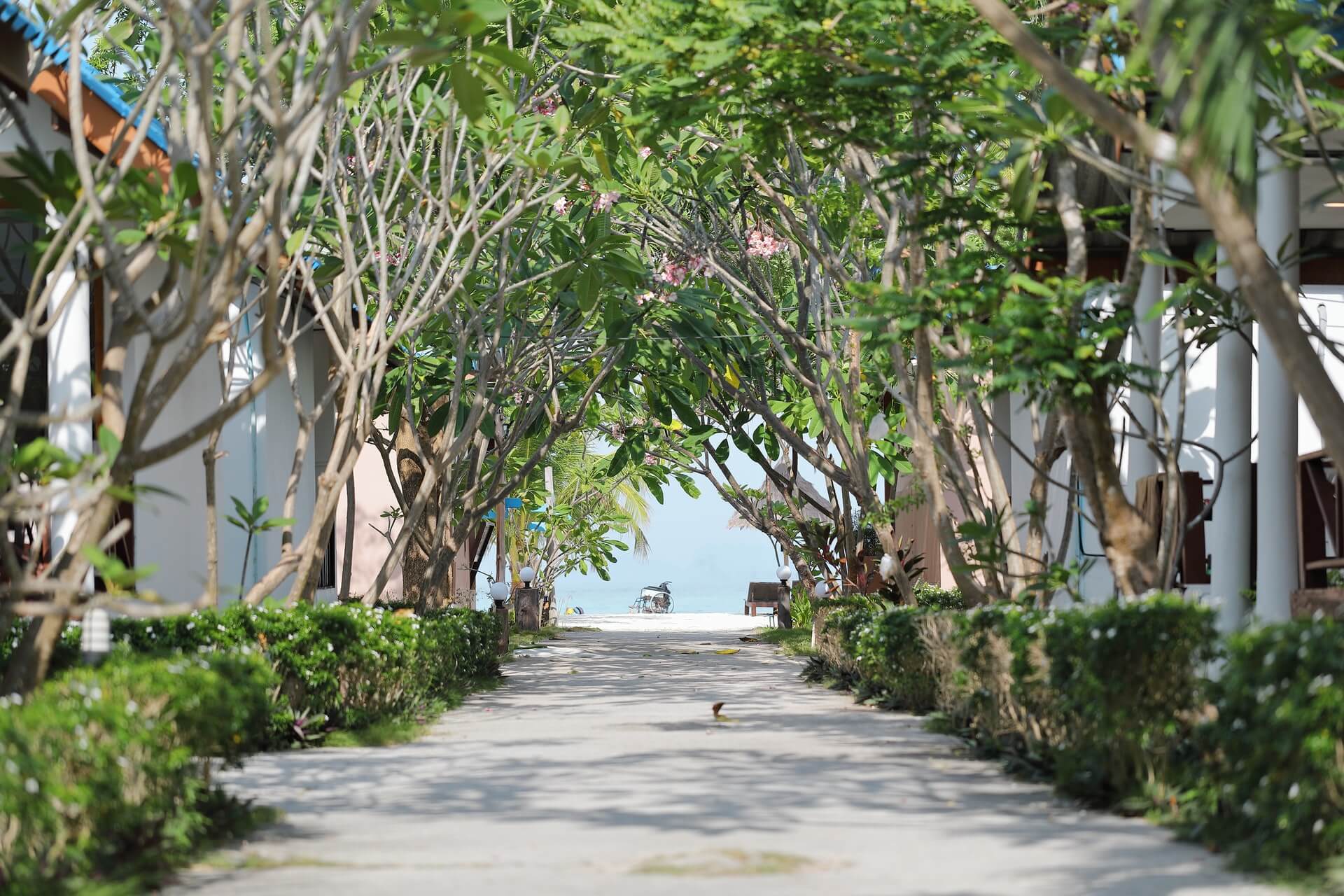 A town in Koh Lipe, Thailand, with a beautiful tropical beach beyond