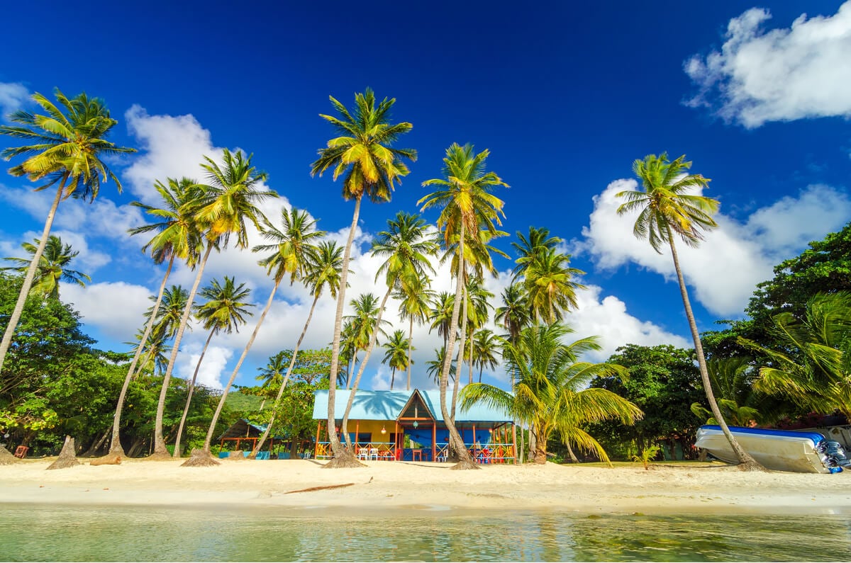 A beach house on a tropical palm-lined beach on San Andres island, Colombia