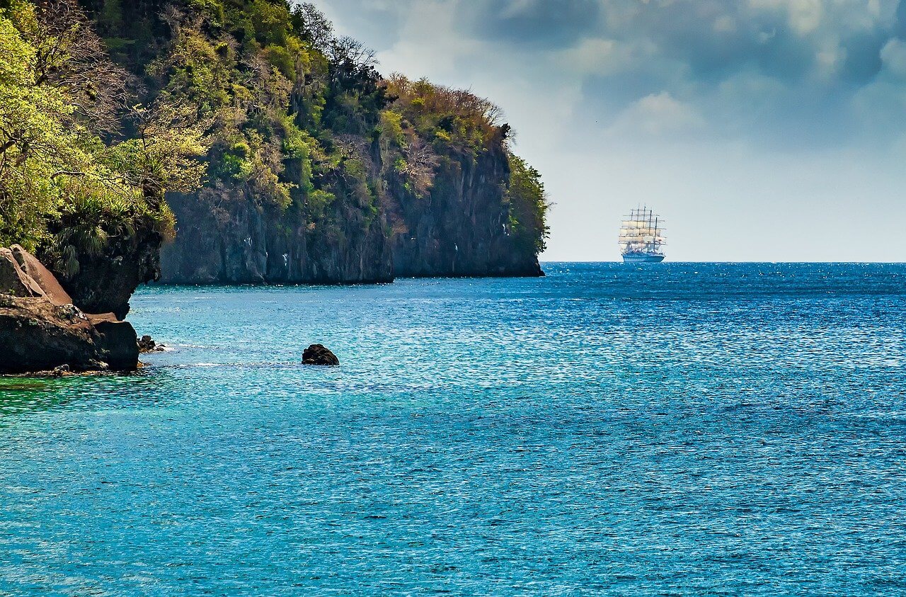 A sailing ship in the tropic ocean waters on the coast of Saint Vincent and the Grenadines