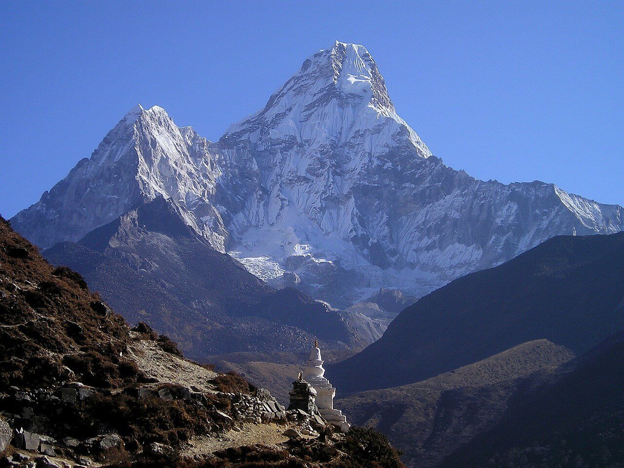 A landscape view of the snowy Everest Mount, Nepal