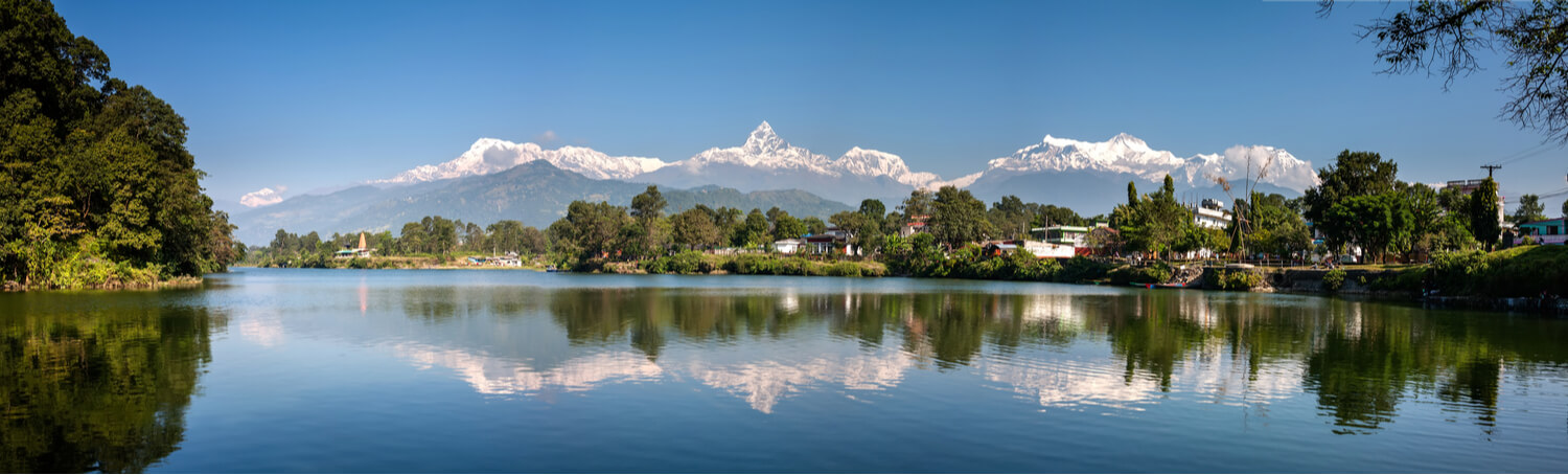 The panorama from Phewa Lake, Pokhara, while on a local boat ride
