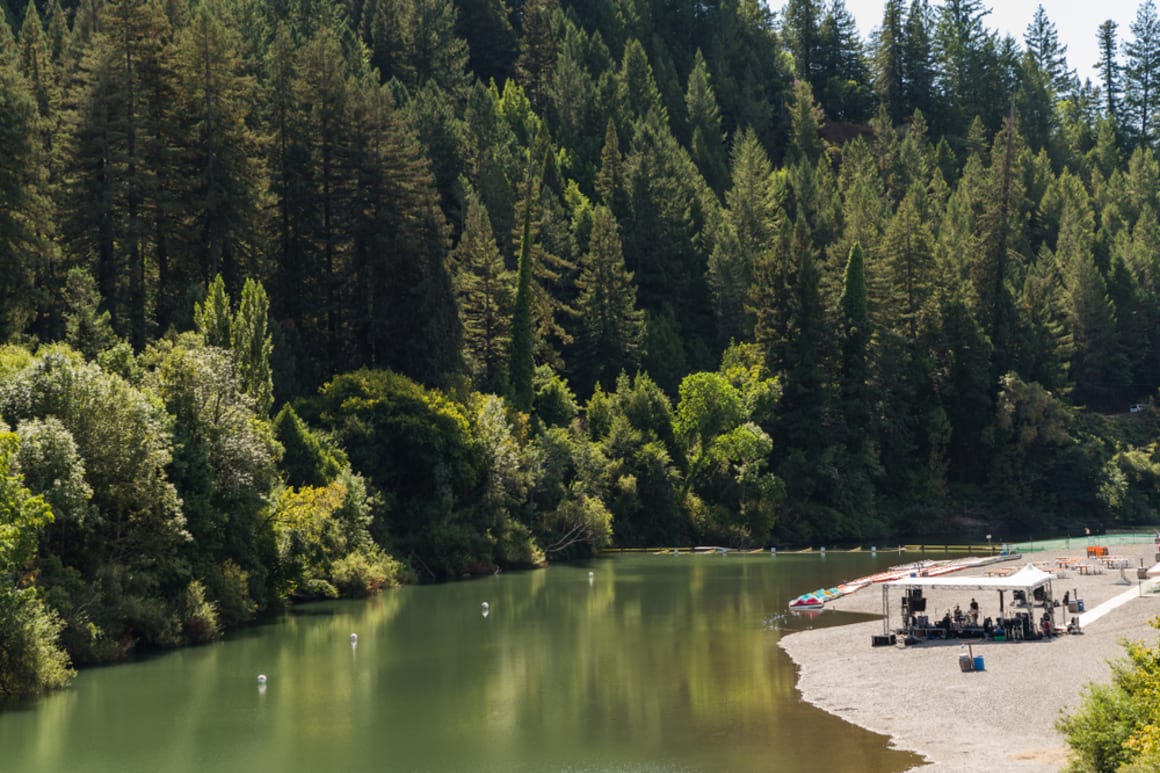 Pine forest along the russian river with campers on the sandy shore Guerneville Bodega Bay