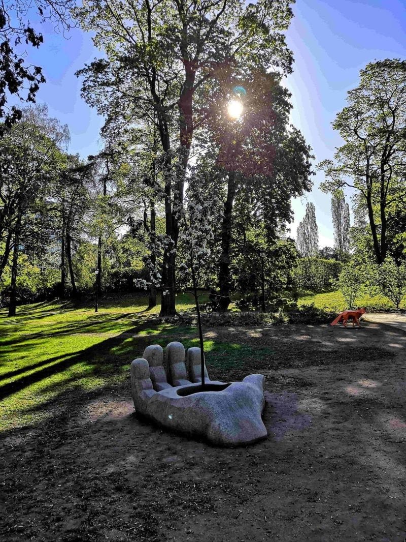  A statue of a large hand holding a young tree in a park in Oslo 
