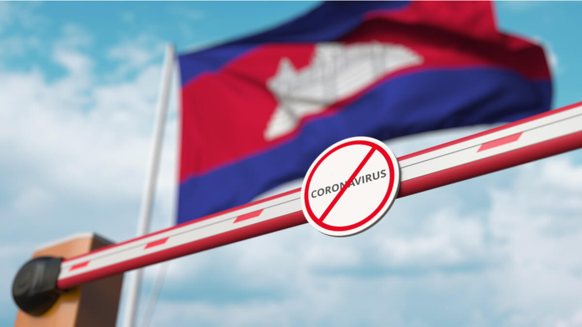Flag of Cambodia with a shut gate and a coronavirus sign