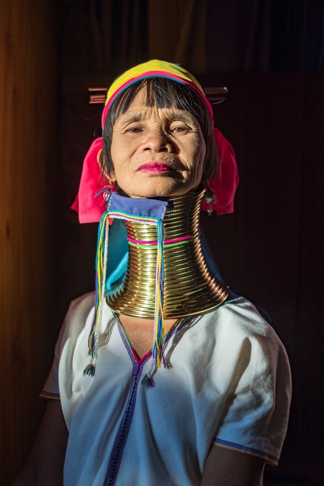 A woman with an artificially elongated neck belonging to the Kayan tribe of Myanmar