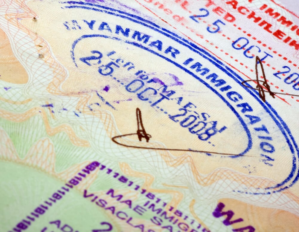 A closeup of the Myanmar travel visa stamp