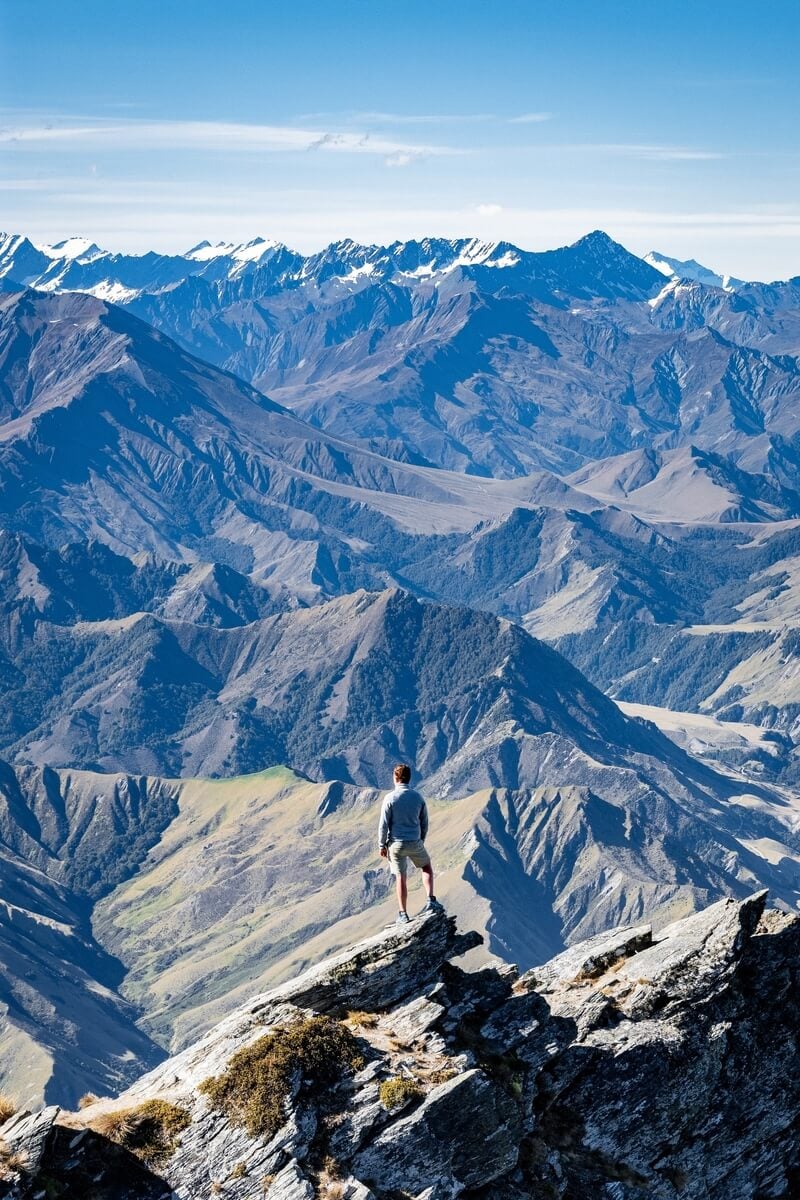 A backpacker hiking in the Queenstown area at the viewpoint on the Ben Lomond trail