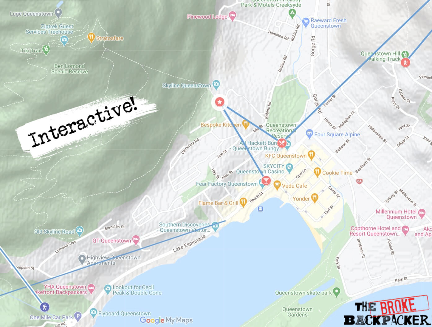 Map of the Queenstown travel itinerary