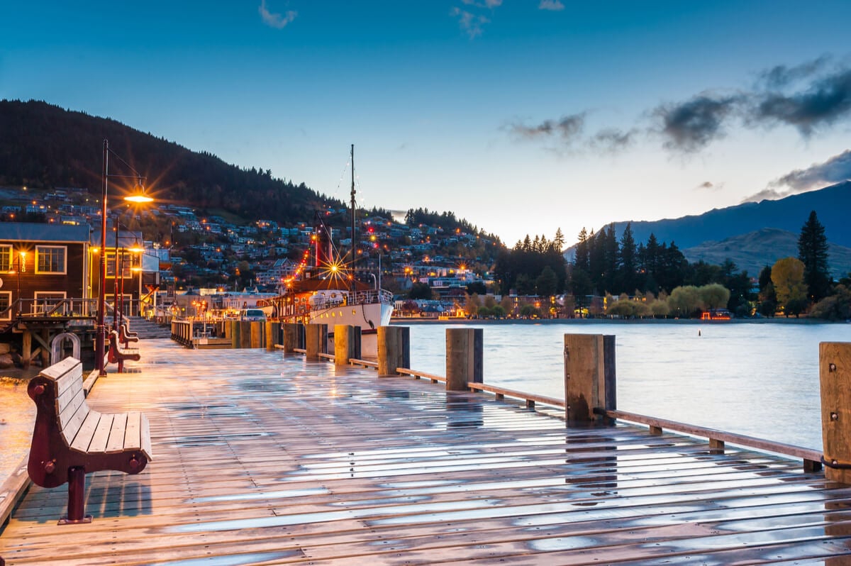 Backpacking Queenstown in winter visiting the waterfront just before sunrise